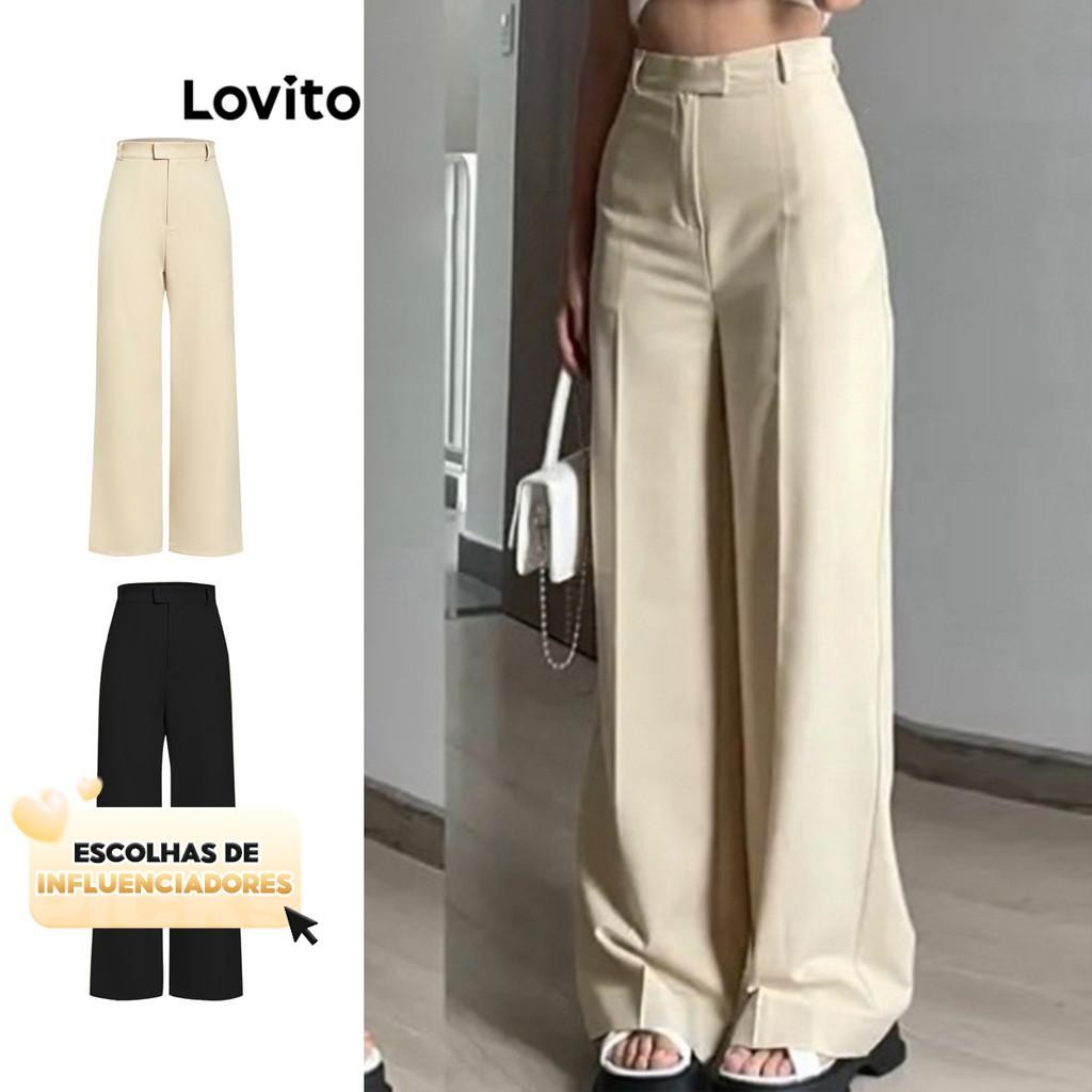 (KOL‘s pick) Lovito Casual Calça Feminina Lisa com Bolso L67AD135 (Cáqui)