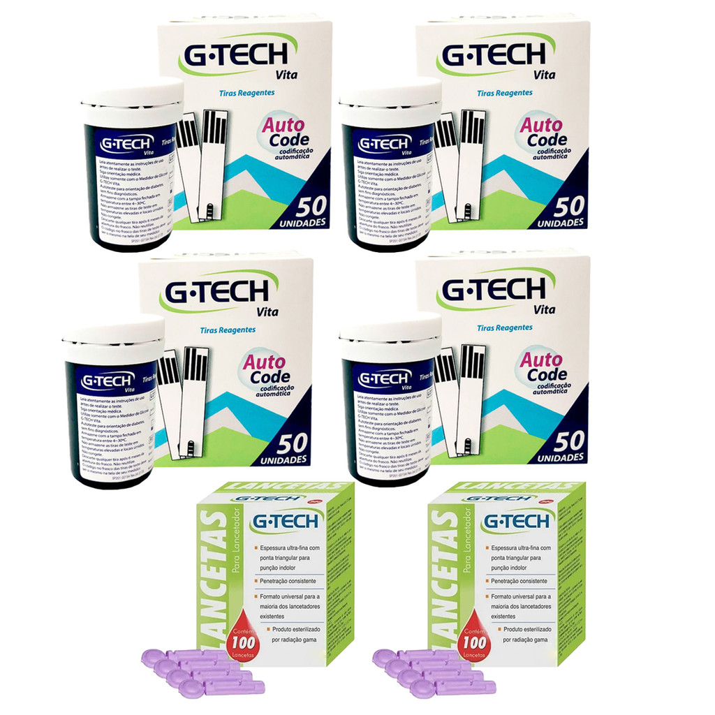200 Fitas Tiras Reagentes G-tech VITA Glicemia +200 Lancetas