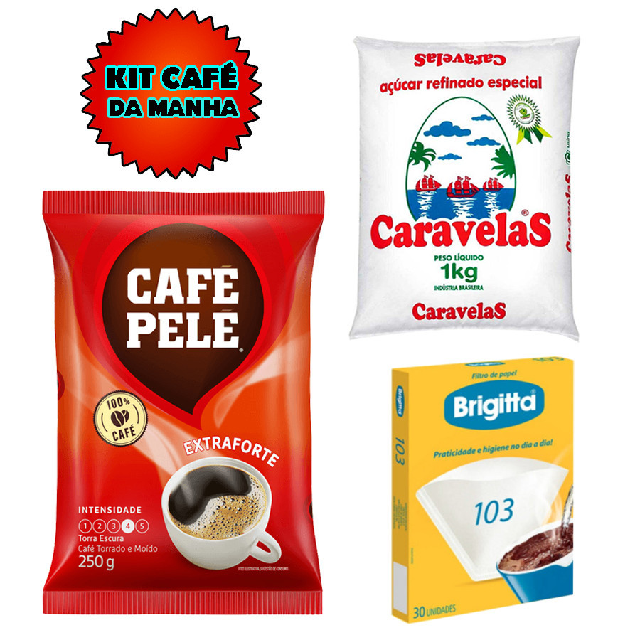 Kit Café Pele 250g + Açúcar Caravelas 1kg+Filtro Coador Papel 103