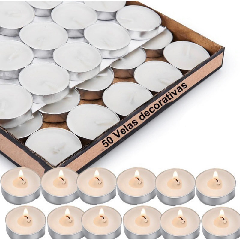 Kit 50 Velas Parafina Rechaud C/ Suporte Alumínio Decoração em Oferta na Shopee