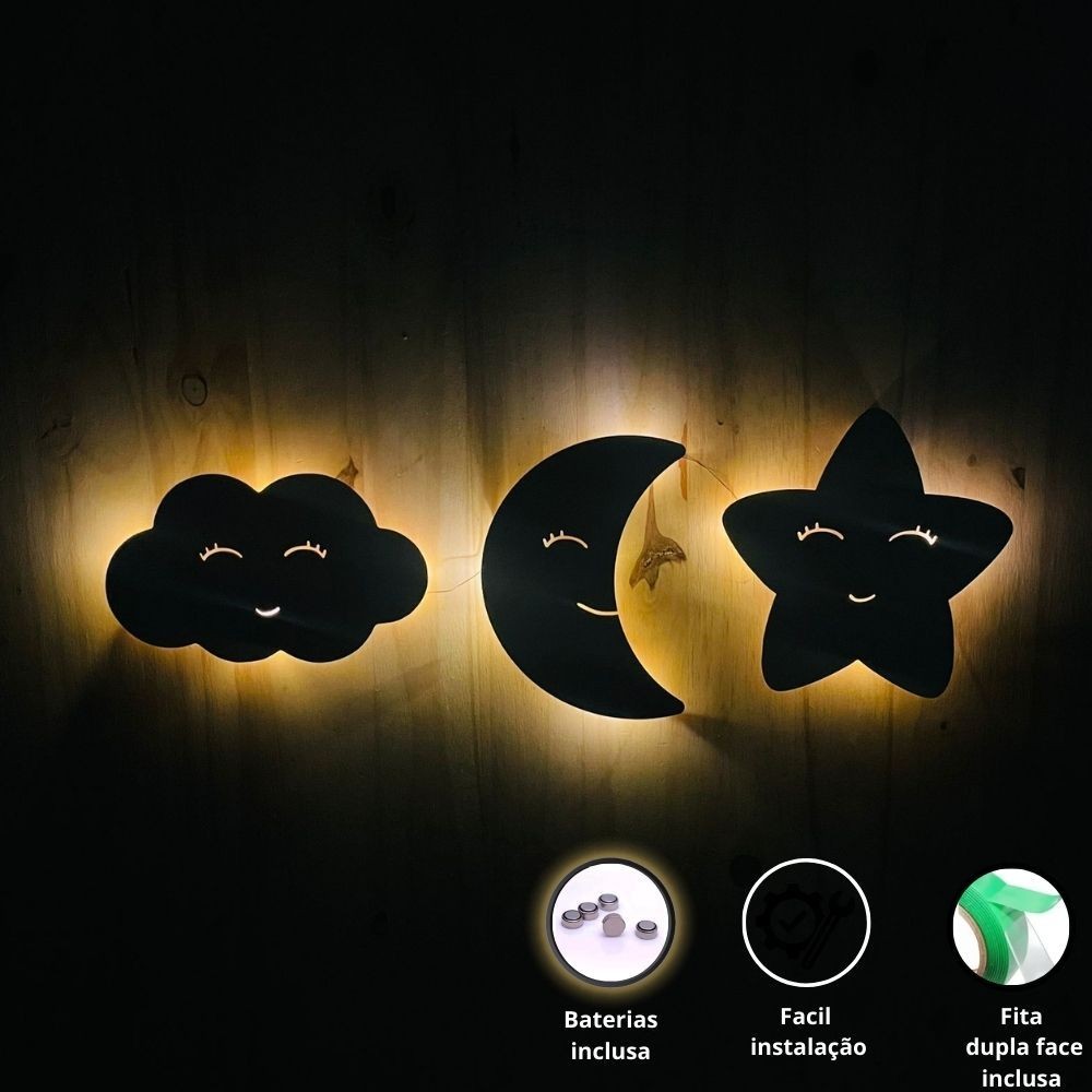 Kit Luminária Nuvem Estrela Lua Abajur Decorativo Infantil de Fácil Instalação