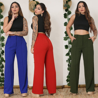 CALÇA FEMININO PANTALONA COM ZÍPER DUNA CINTURA ALTA WIDE LEG LIFE em Oferta na Shopee