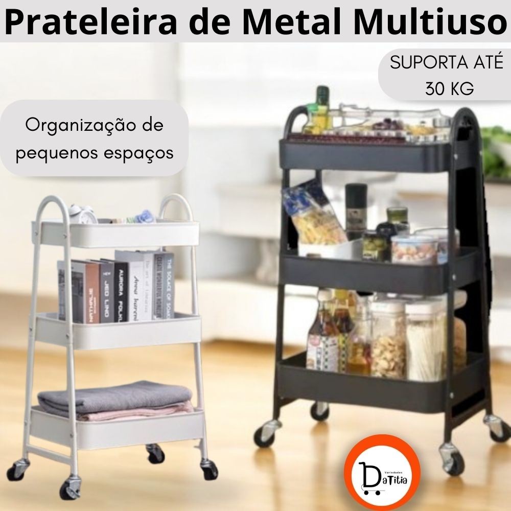 Prateleira de Metal Multiuso 3 Andares Com Rodinhas Carrinho Auxiliar Lavanderia Banheiro Escritório
