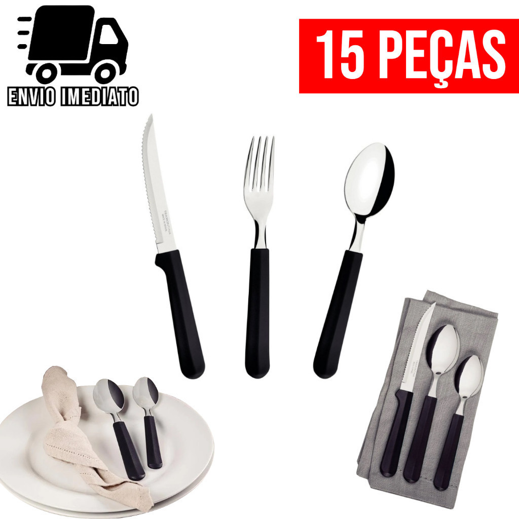 Jogo de Talheres Preto 15 Peças para Cozinha 5 Garfos 5 Facas 5 Colheres Conjunto de Talheres Achadinhos da Shoppe