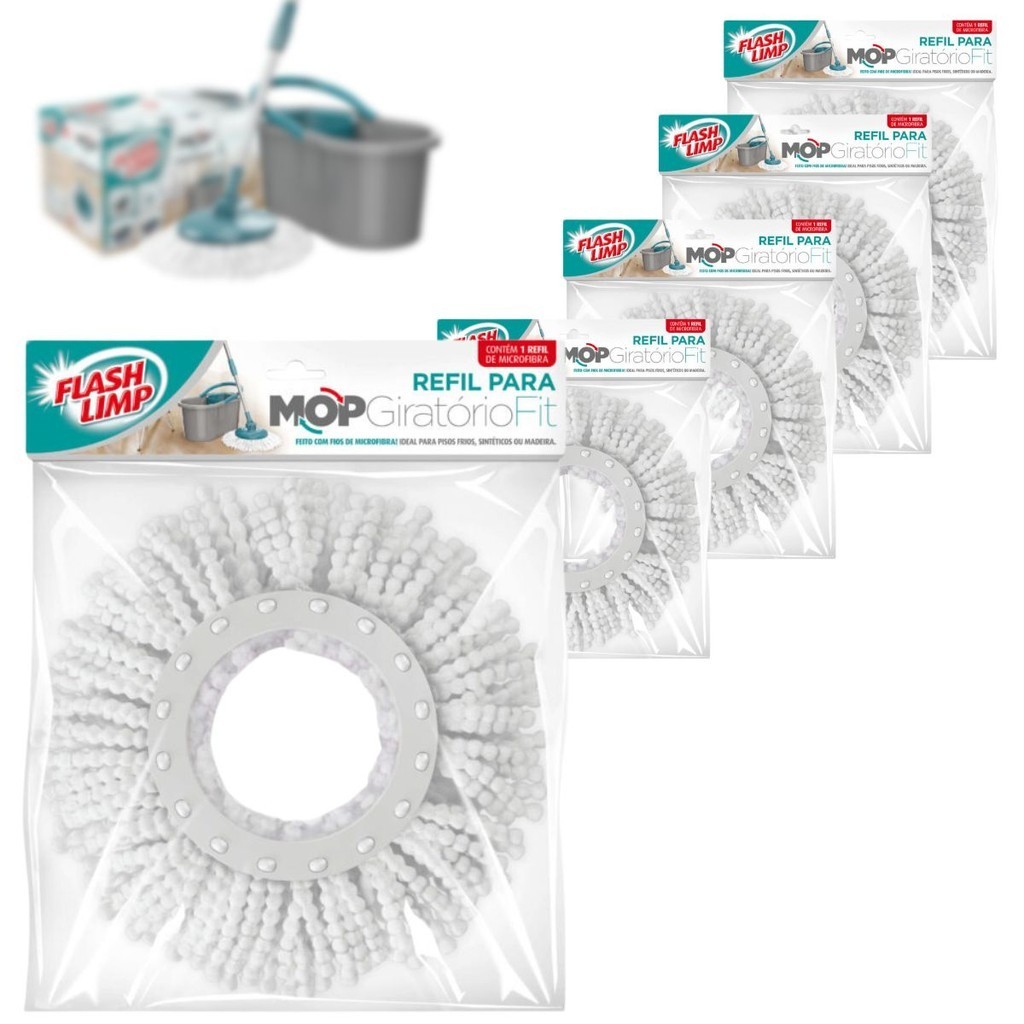 kit 5 Refil Para Mop Esfregão Giratório 8l Microfibra Flashlimp em Oferta na Shopee