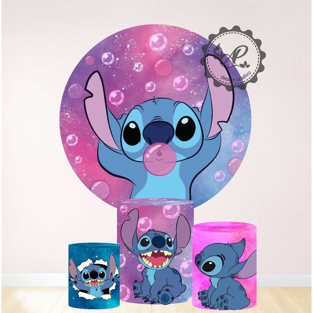 Painel e Cilindros de Tecido Sublimado Tema Lilo Stich