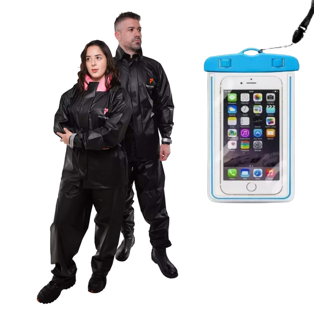 Conjunto Capa de Chuva Pvc Bravo com Capuz  Preto Pioneira + Capa Celular Grátis em Oferta na Shopee