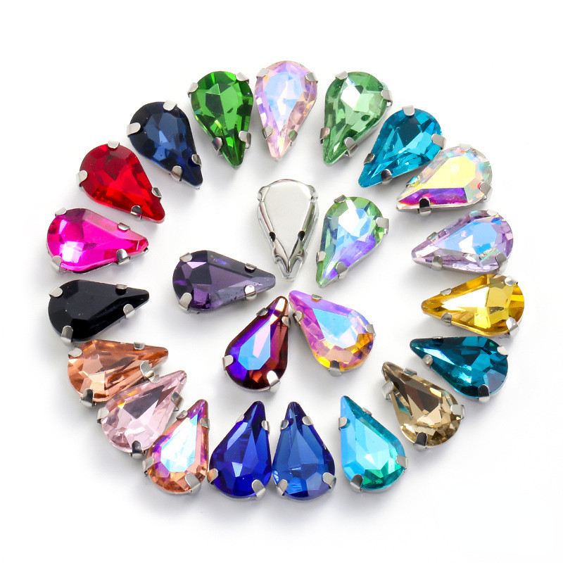 50 Peças Strass Gota Cristal com Garra Prata 6x10mm 8x13mm Para Costura Artesanato DIY e Roupas