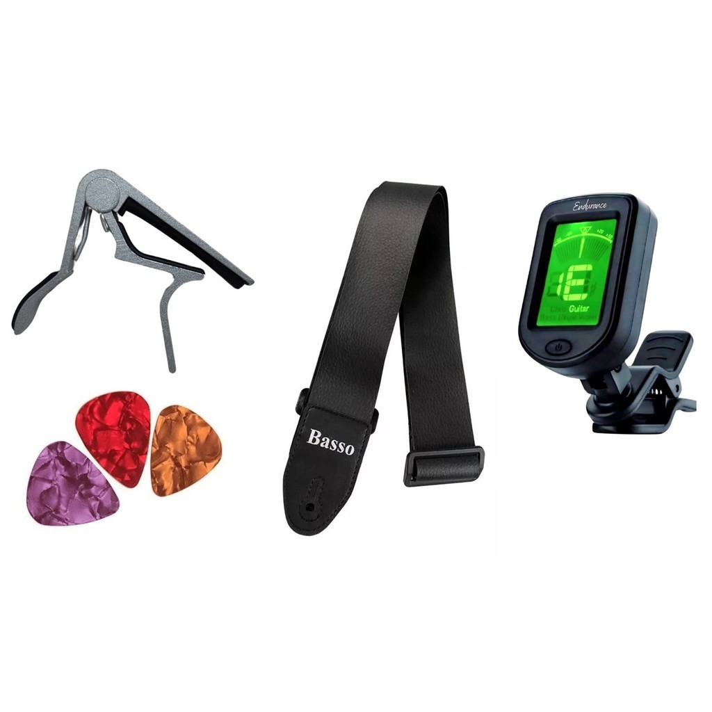 Kit Afinador Clip, Capotraste NV Prata , Correia e 3 palhetas Brinde em Oferta na Shopee