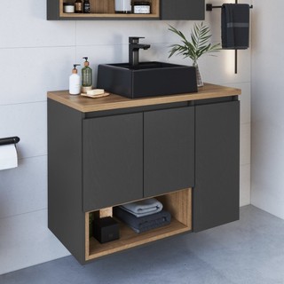 Gabinete de Banheiro Suspenso 80cm Cecília com 3 Portas e 1 Nicho com Cuba em Oferta na Shopee