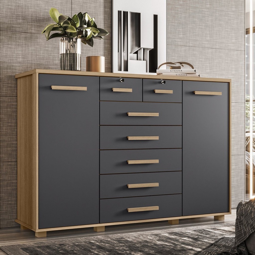 Cômoda 2 Portas 7 Gavetas Fontana Albatroz Freijó/Titanium em Oferta na Shopee