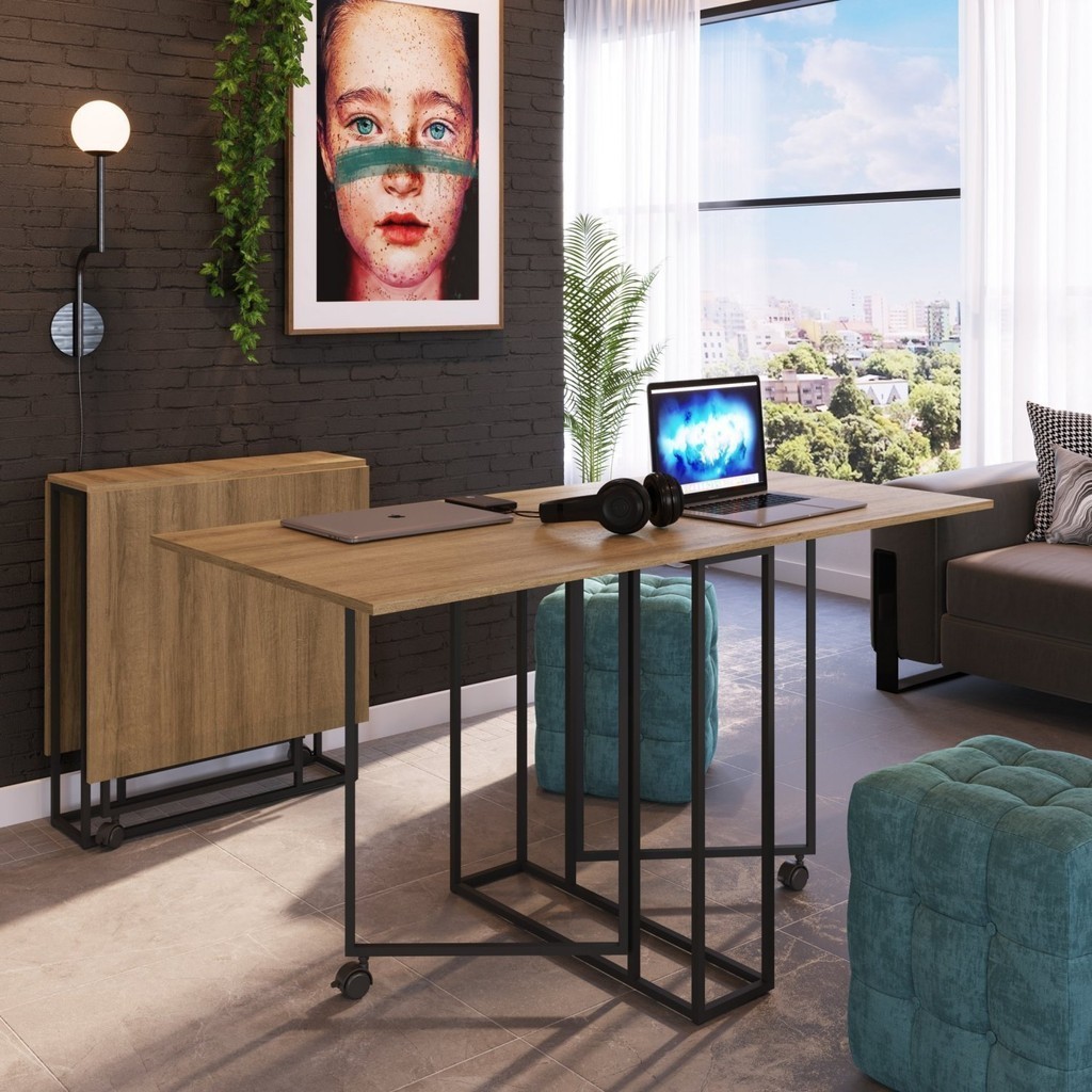 Mesa para Escritório Reunião 4 Lugares Dobrável 142cm Bege/Mel