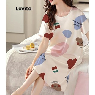 Lovito Vestido De Dormir Solto De Manga Curta Casual De Desenho Animado Para Mulheres LNA38209 (Damasco)