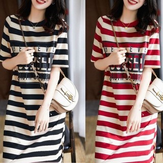Comércio Exterior de Verão Camiseta de Camiseta Impressa com Listras para Mulheres Camiseta de Manga Curta para Mulheres Vestido de Manga Curta para Mulheres