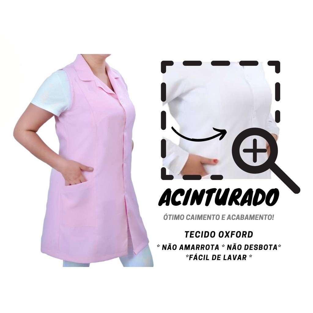 JALECO FS Acinturado Feminino Sem Manga regata oxford Preto Rosa Branco professora manicure saude