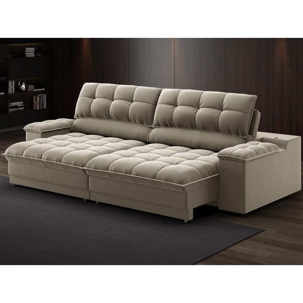 Sofá com Porta Copos e Carregador USB Ret Rec Luke 2,90m Veludocristal Fendi - NETSOFAS