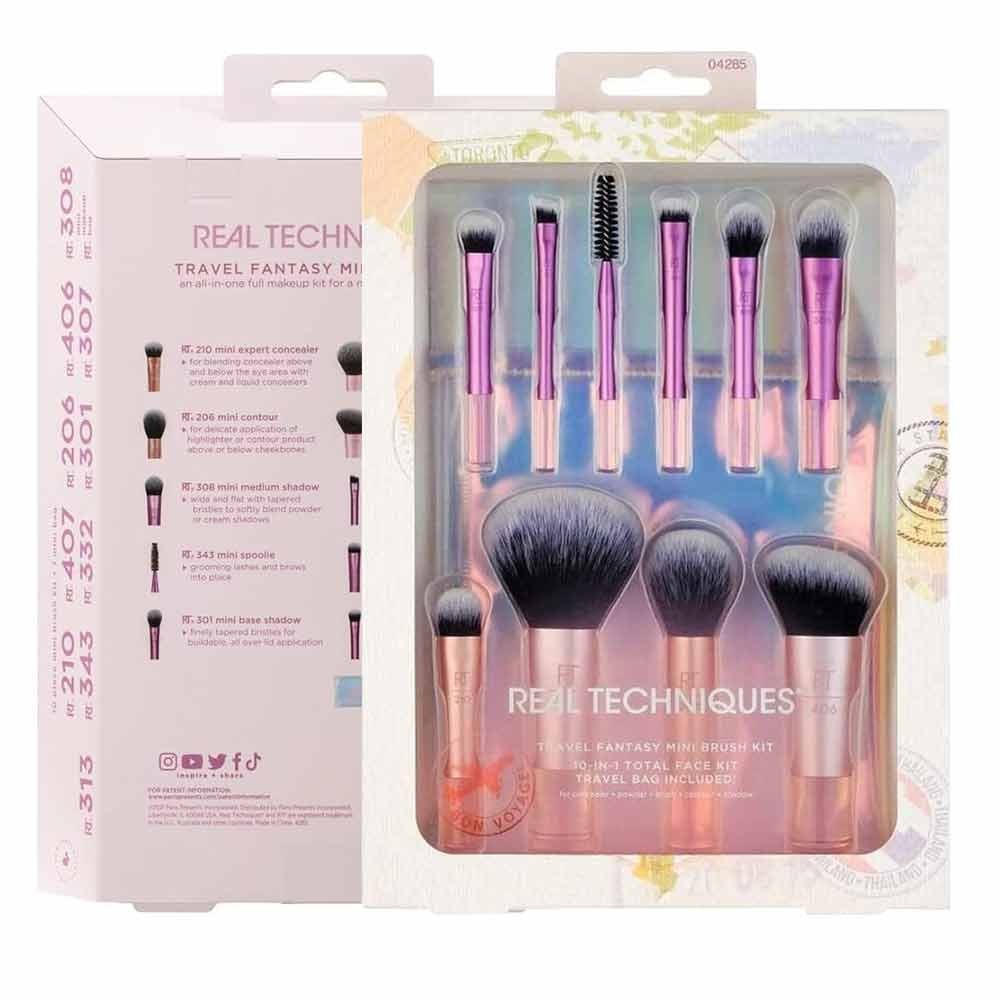 Real Techniques 10pcs Mini Makeup Brush Set *(Free Bag) Travel Fantasy CONCEALER POWDER BLUSH CONTOUR SHADOW