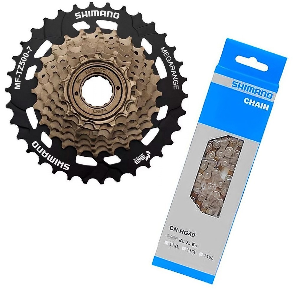 CATRACA / RODA LIVRE SHIMANO TOURNEY MF-TZ500 14/34D MEGARANGE 7V + CORRENTE SHIMANO CN-HG40 116 ELOS - P/ CUBO DE ROSCA