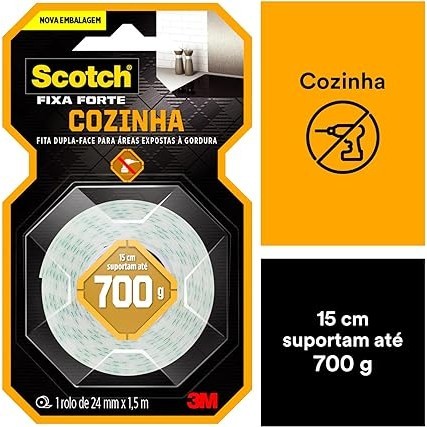Fita Dupla Face Scotch Fixa Forte Cozinha, 24 mm x 1,5 m 3M