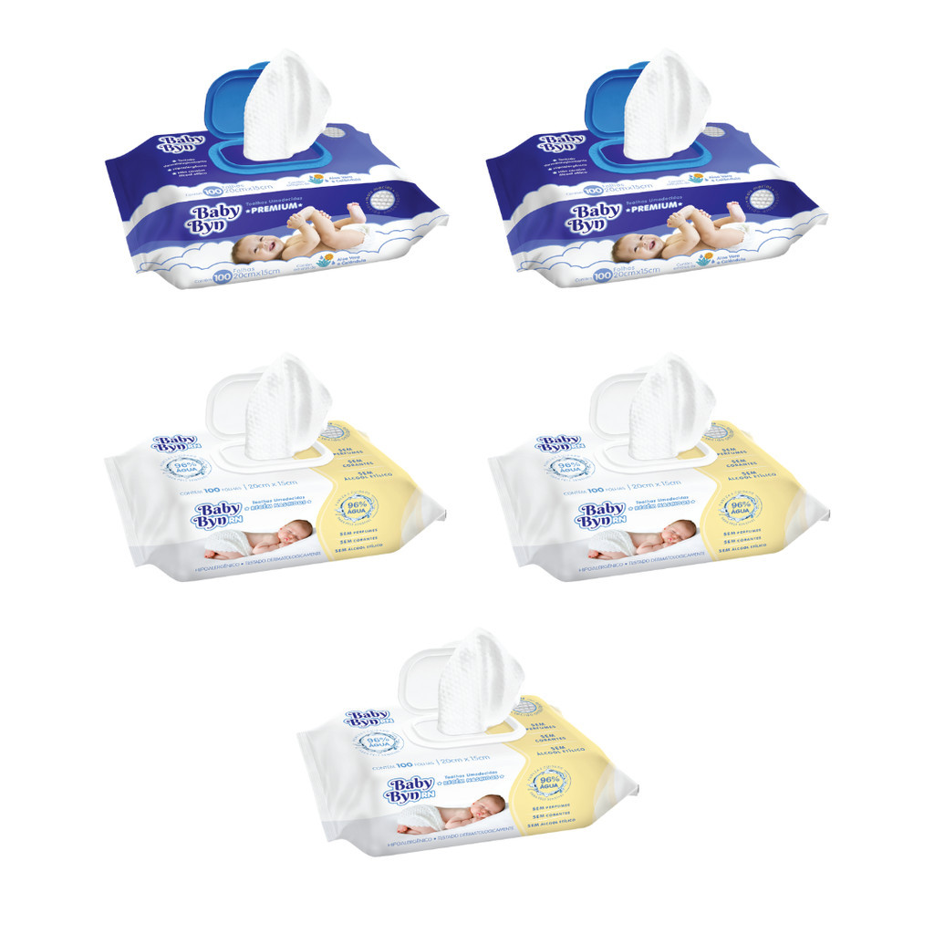 Toalha umedecida c/ 500 unid.- 2 Pacotes Baby Byn Premium e 3 Pacotes Baby Byn Recém Nascido
