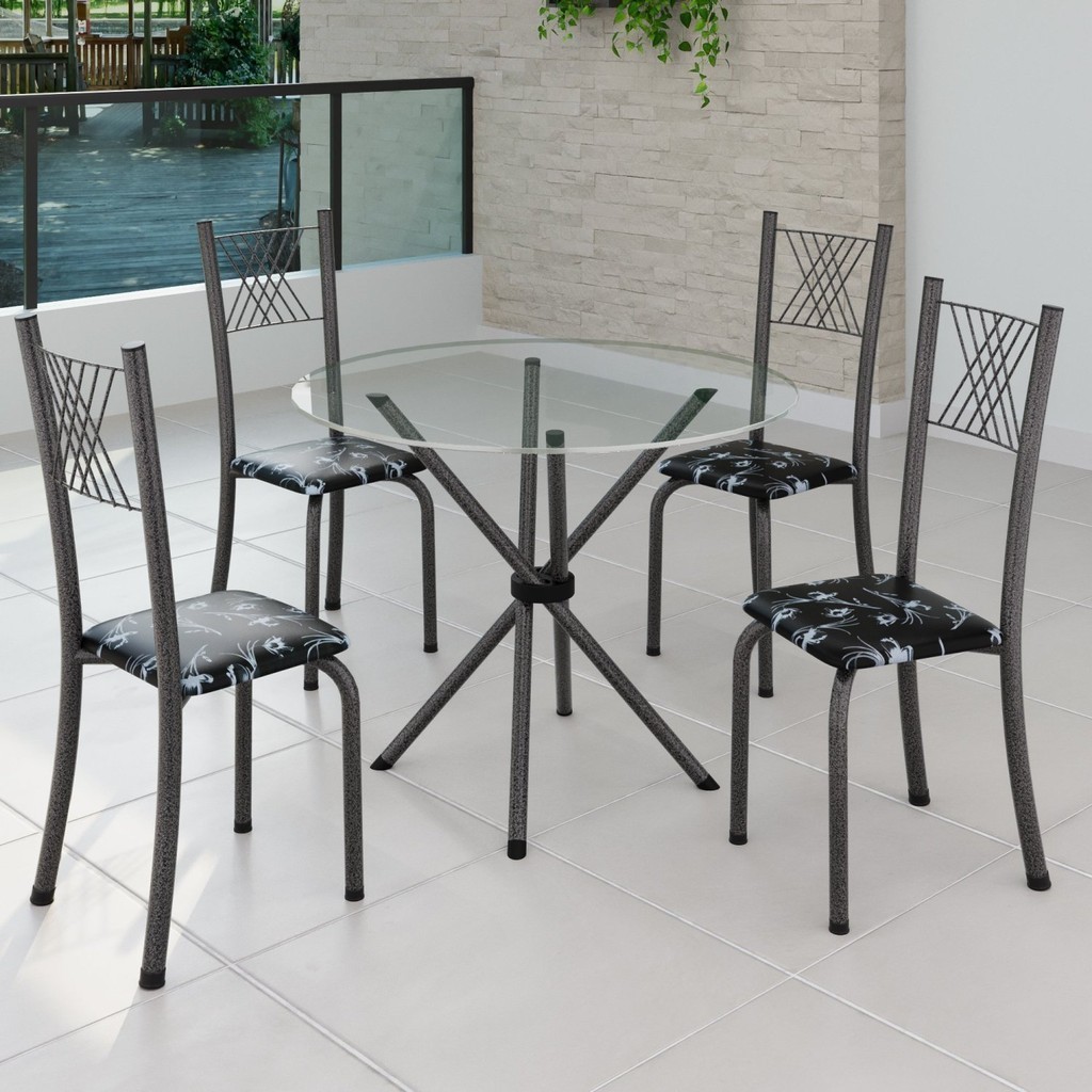 Conjunto de Jantar Mesa Tampo Redondo de Vidro Incolor com 4 Cadeiras Sara Yescasa Preto Floral/Prata em Oferta na Shopee