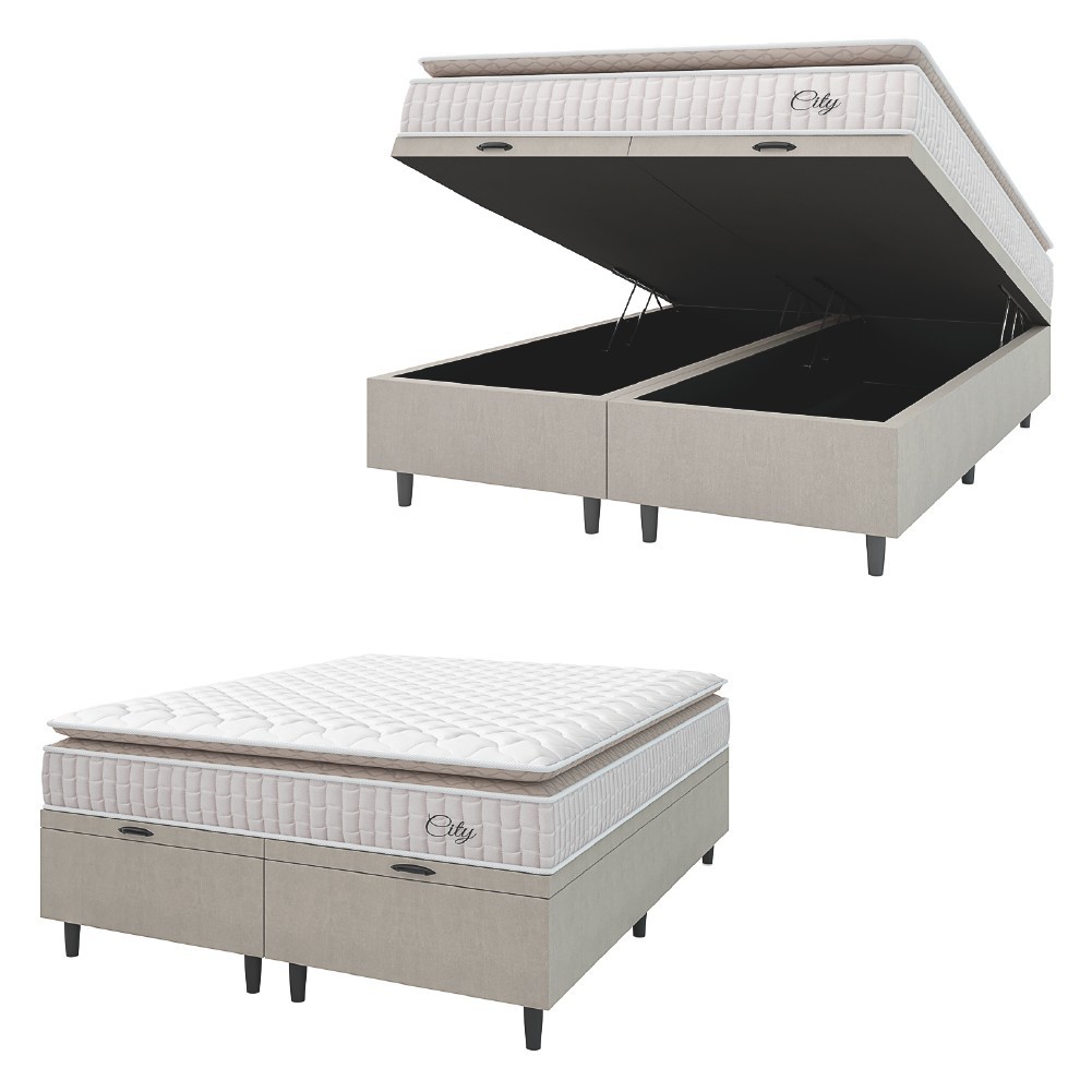 Cama Box Colchão Baú Casal King Molas Ensacadas City Pillow Top 193x203x64cm Bege / Branco Hellen em Oferta na Shopee