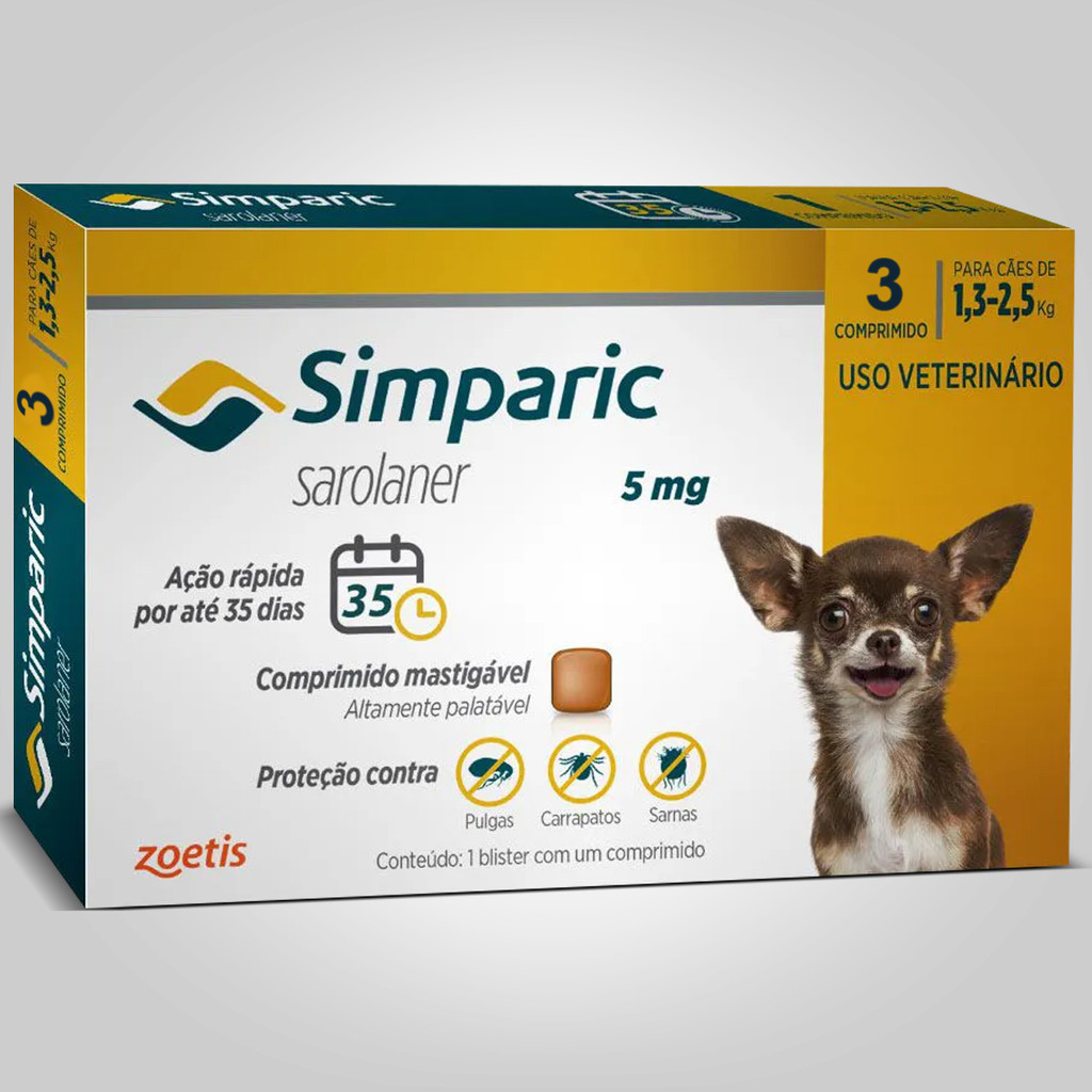 Antipulgas e Carrapatos Simparic 5mg para Cães de 1,3 a 2,5kg – 3 Comprimidos – Zoetis em Oferta na Shopee