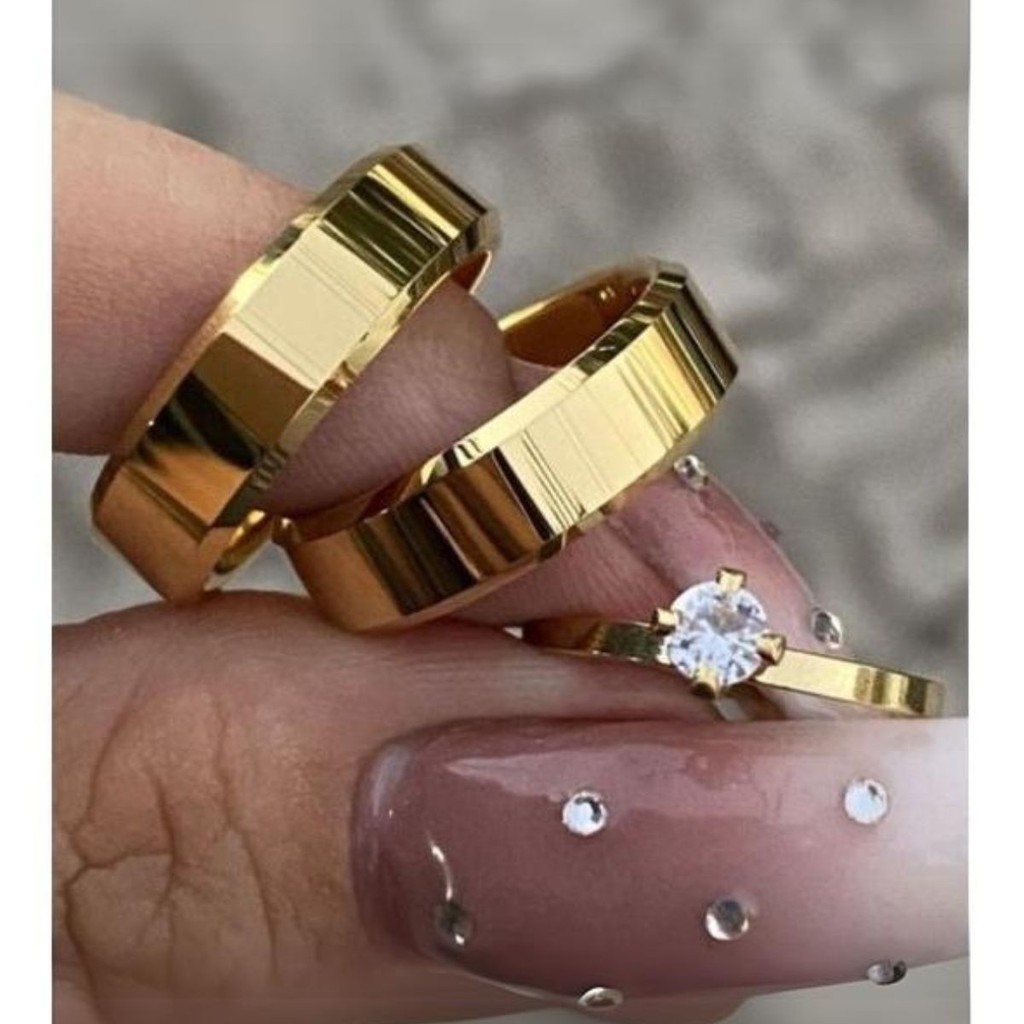 Par De Aliança Casamento Grossa Dourada 6mm + Solitário Anel Noivado Chanfrado Namoro Cor Ouro 18k em Oferta na Shopee