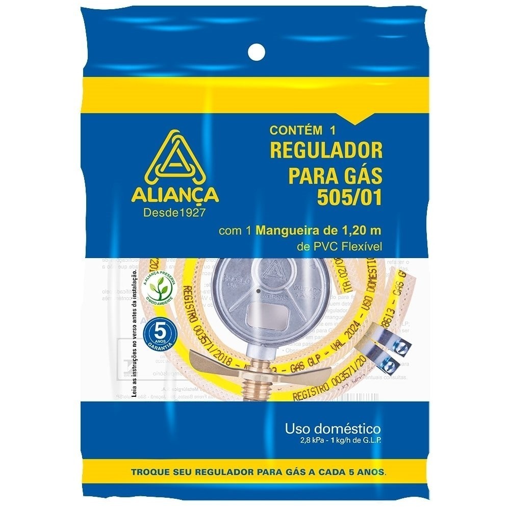 Regulador para Gás Aliança 505/01, Pequeno, com Mangueira 120cm em Oferta na Shopee