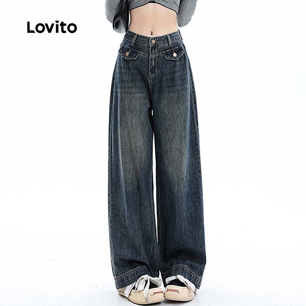 (Trendy) Lovito Jeans Casual Padrão Simples para Mulheres LNA81010 - Women Clothes