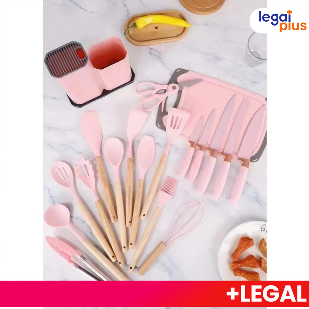 Kit Completo Jogo Utensílios de Cozinha Luxo 19 Peças Com Tábua em Silicone Espátula Faca Tesoura