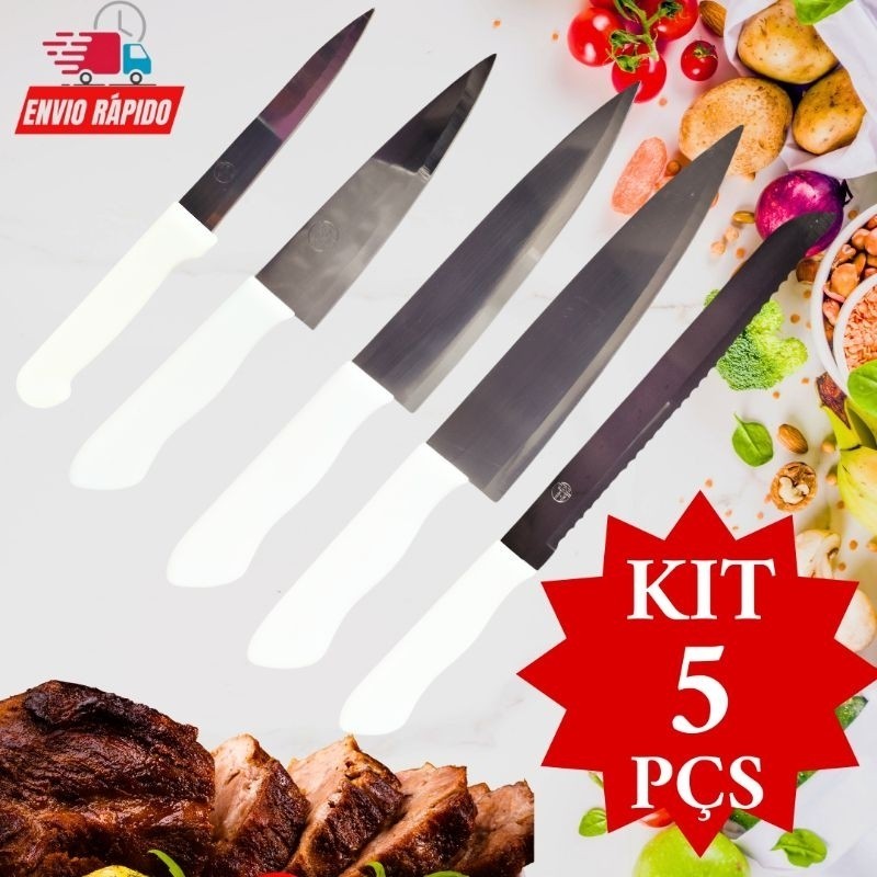Jogo 5 Peças Faca de Cozinha Faca Peixeira Pequena Média Grande Açougueiro Faca para Pão Aço Inox Cozinha Corte Promoção