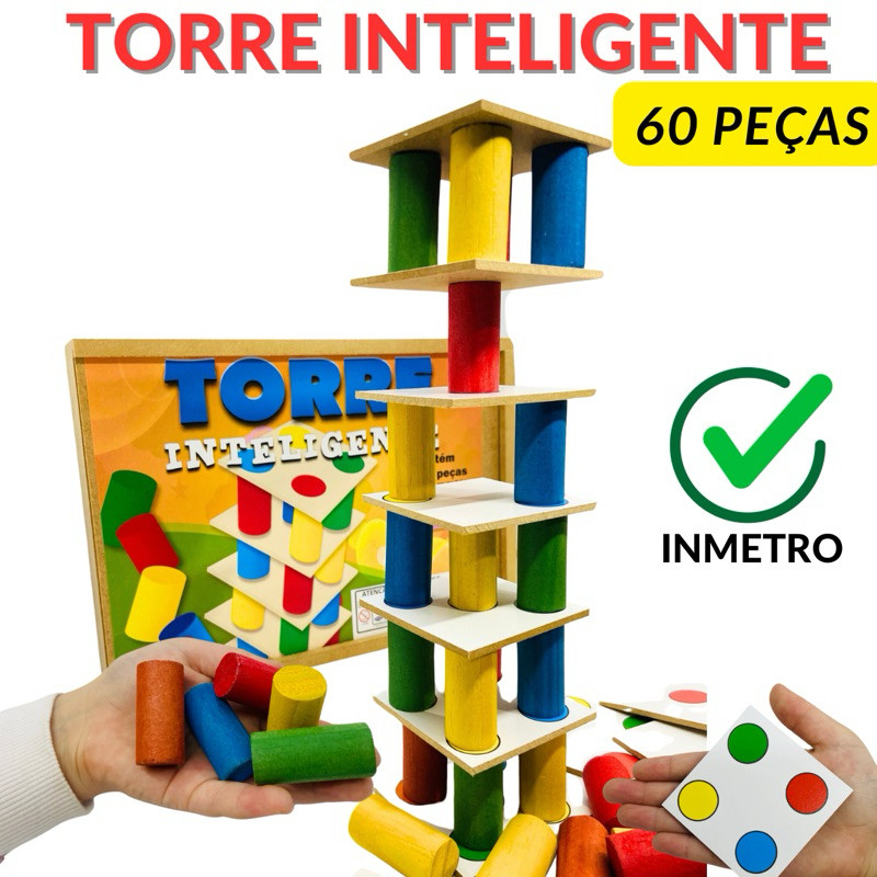 Jogo Torre Inteligente em Madeira Brinquedo Educativo Pedagógico 60 peças Coloridas em Madeira