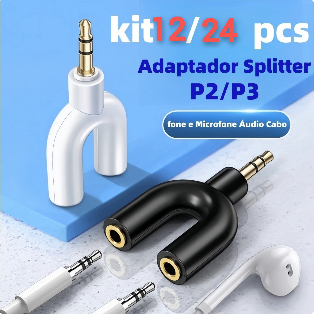 kit 12/24 Plug Adaptador Splitter p3 para p2 divisor, Para fone e Microfone Headset Xbox Áudio Cabo Pc P3 X P2 Áudio