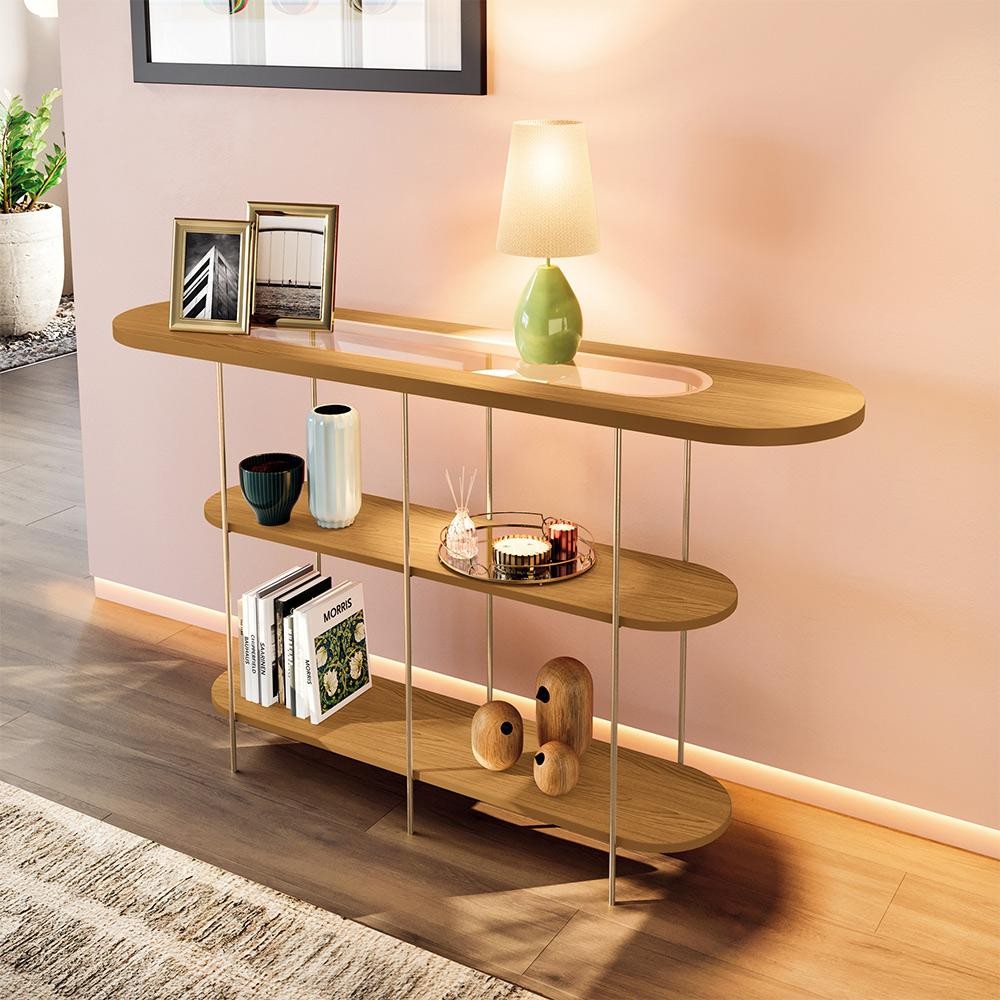 Aparador Decorativo Sala de Estar Infinity Tampo em Vidro e Pés em Aço Cinamomo G26 - Hb Móveis