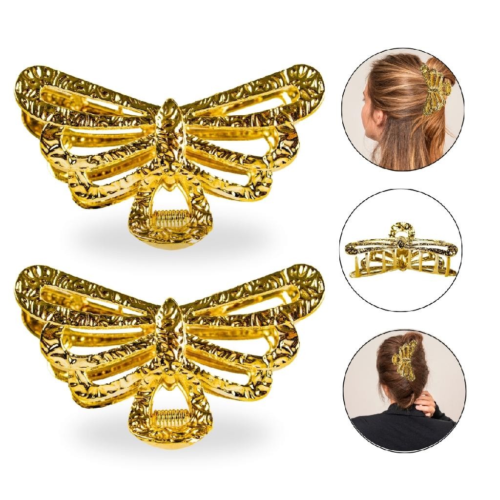 Kit 2 Presilhas Grande Prendedor Cabelo Libélula Asas Dourada Metal Presilha Penteado Look Acessório Coque
