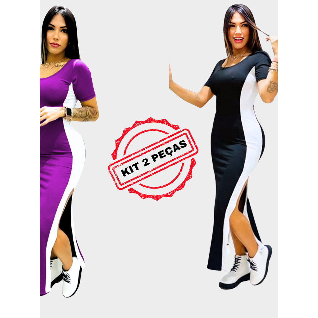Kit 2 Vestidos Longo Faixa Lateral em Oferta na Shopee
