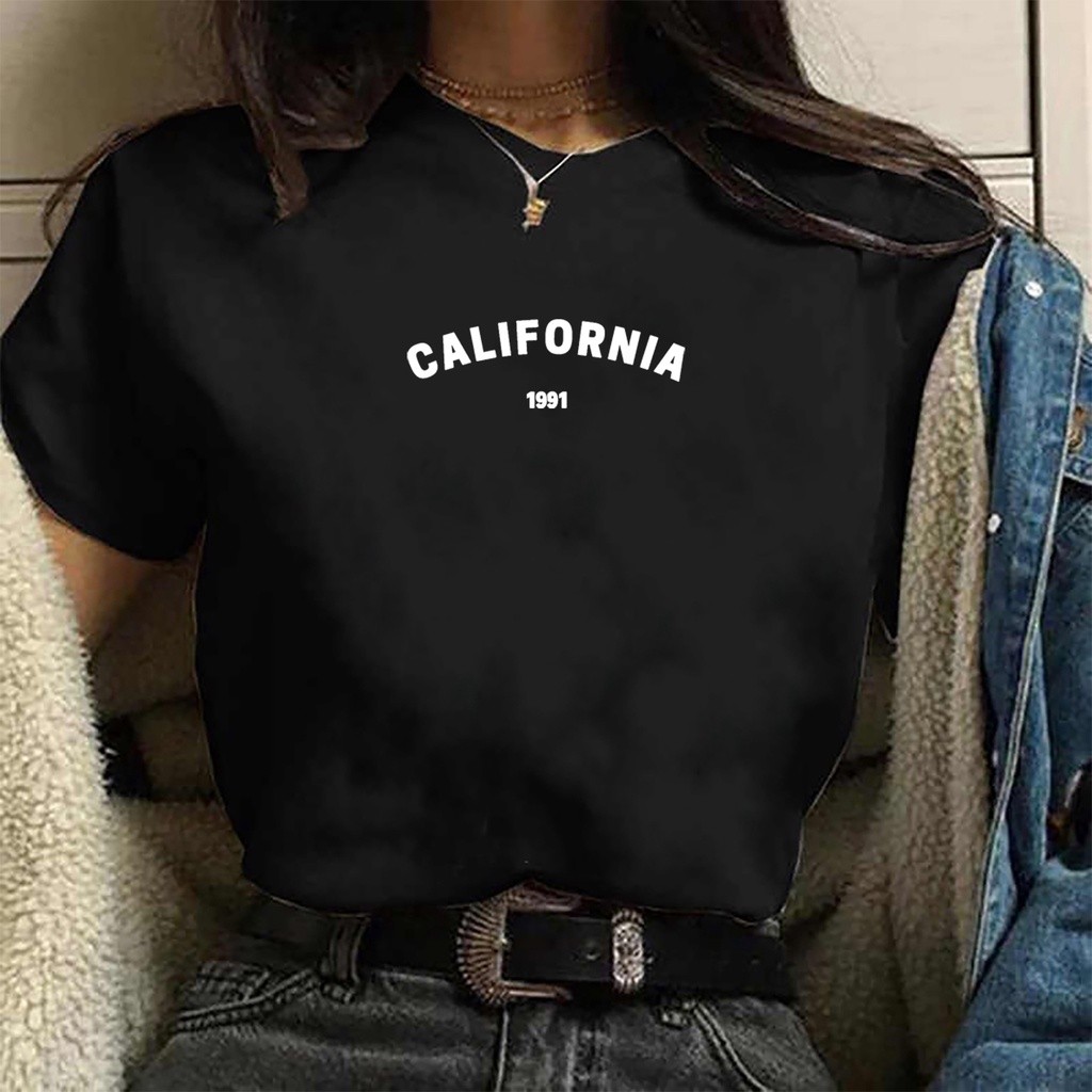 Camiseta Feminina California 1991 Usa Moda  Blusa estampada preta de algodão
