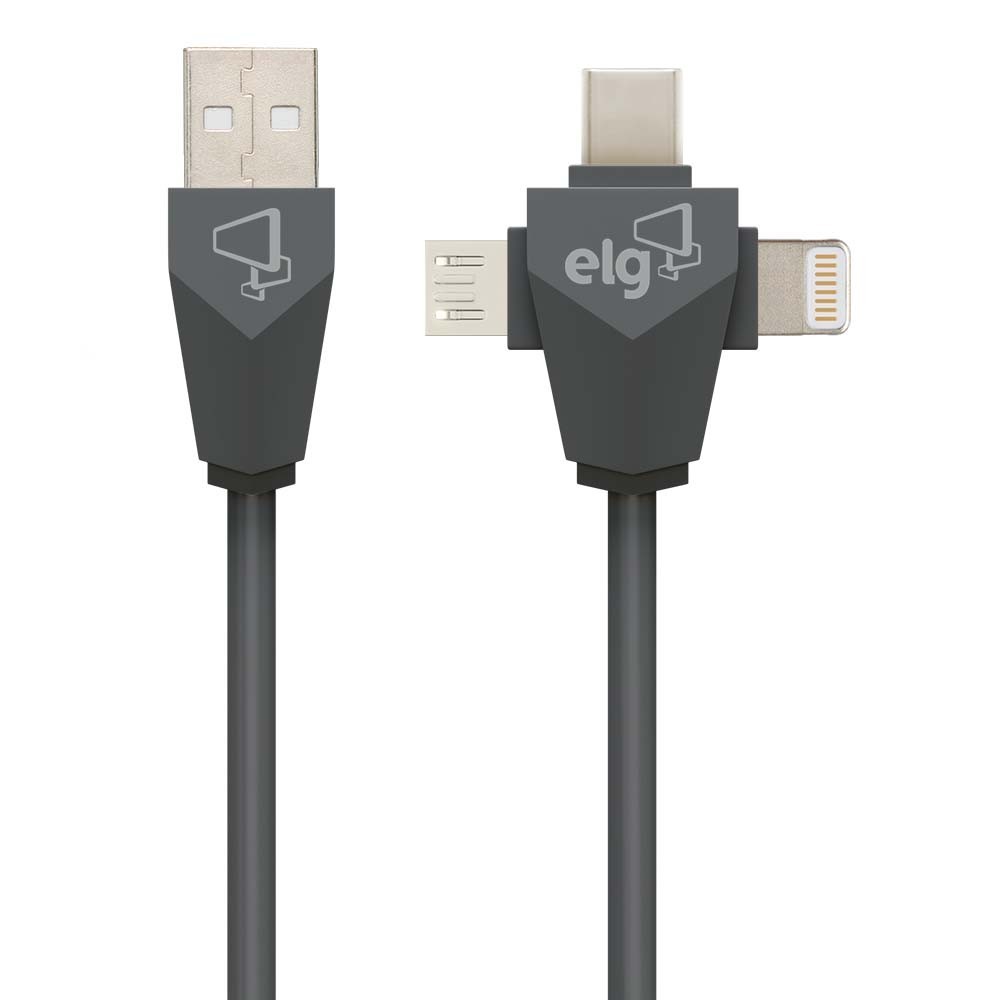 Cabo 3 em 1, Sincronização, Recarga 12W 2.4A, Lightning, Tipo-C e Micro USB, 1,5m, Cinza, PW31C, ELG em Oferta na Shopee