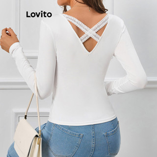 Lovito Casual Camiseta Feminina Lisa Cruzada com Renda LBL09225