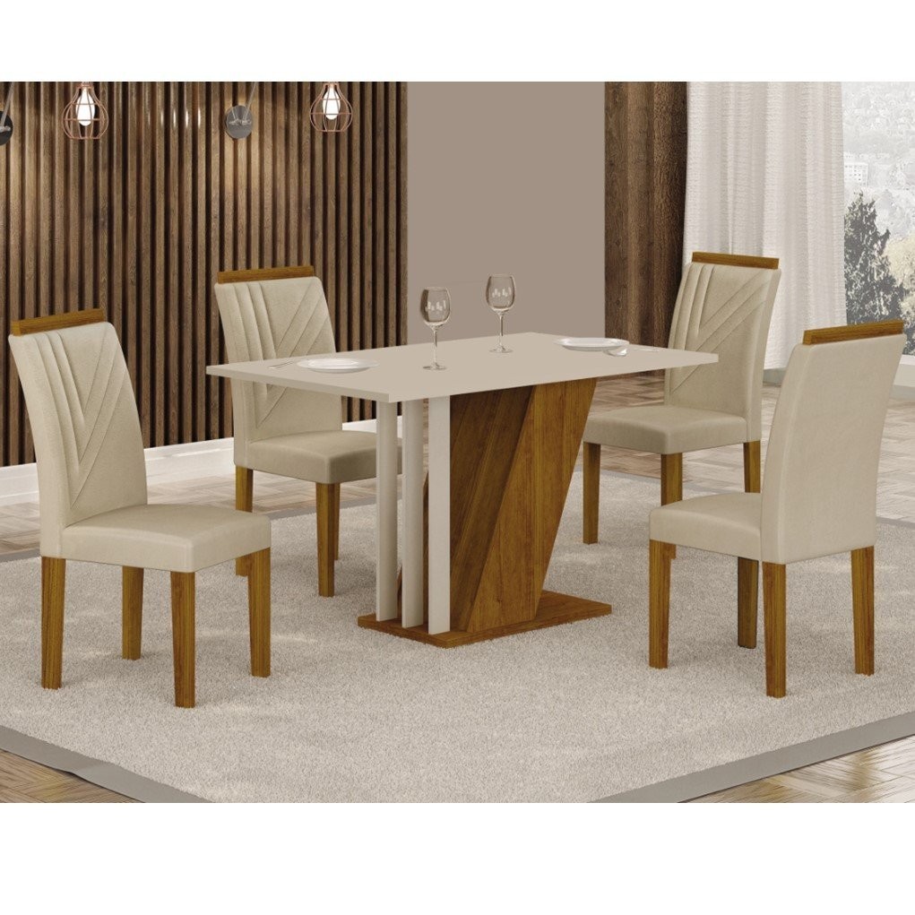 Conjunto Sala de Jantar com 4 Cadeiras Miami Freijo/OffWhite/Palha