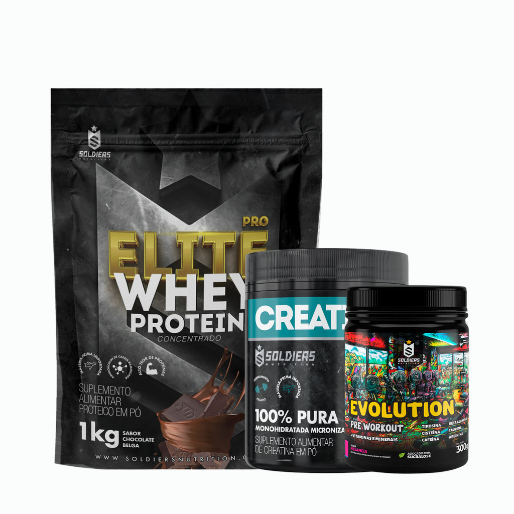 Kit: Whey Protein Concentrado Elite Pro 1kg + Creatina 300g + Pré Treino Evolution Pré Workout 300g Soldiers Nutrition em Oferta na Shopee