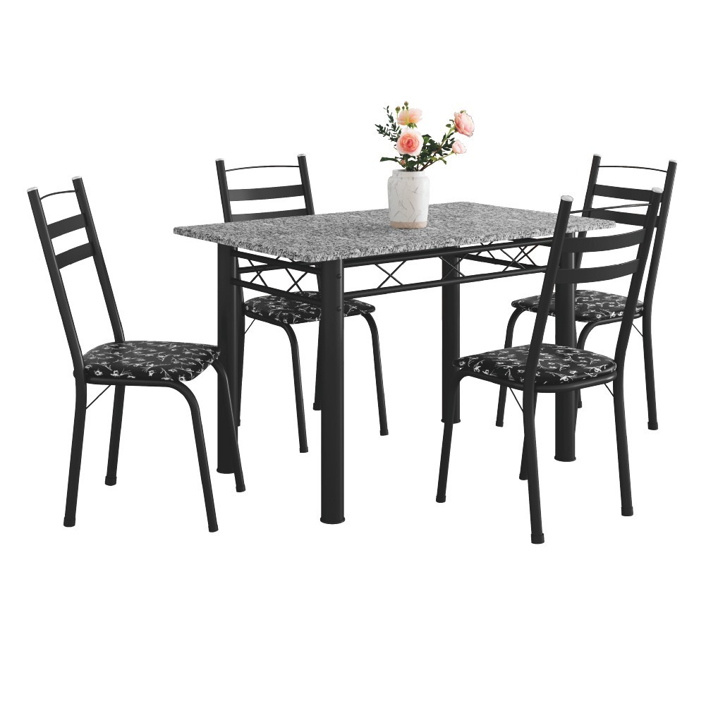 Conjunto De Mesa Itália Com 4 Cadeiras 1,20m Preto / Floral Granito Artefamol - Home & Living