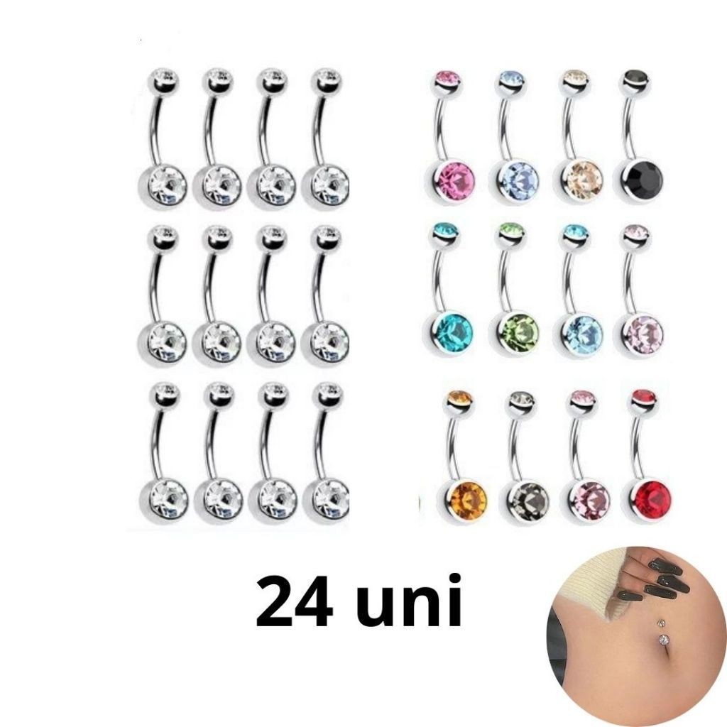 Kit com 24 Piercing de Umbigo com 2 pedras Aço Inoxidável Prata/Colorido