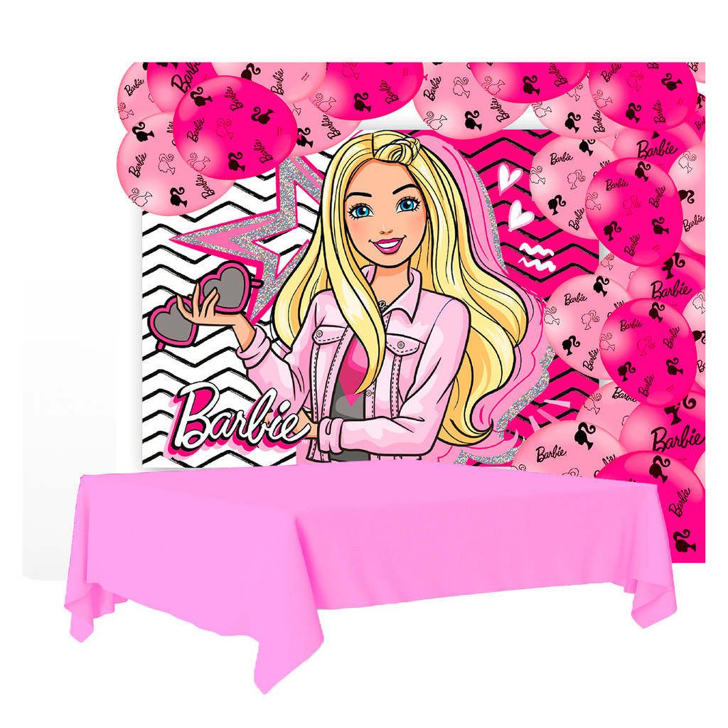 Kit festa Barbie Decora Toalha Plástica GG + 25 balões + Painel TNT