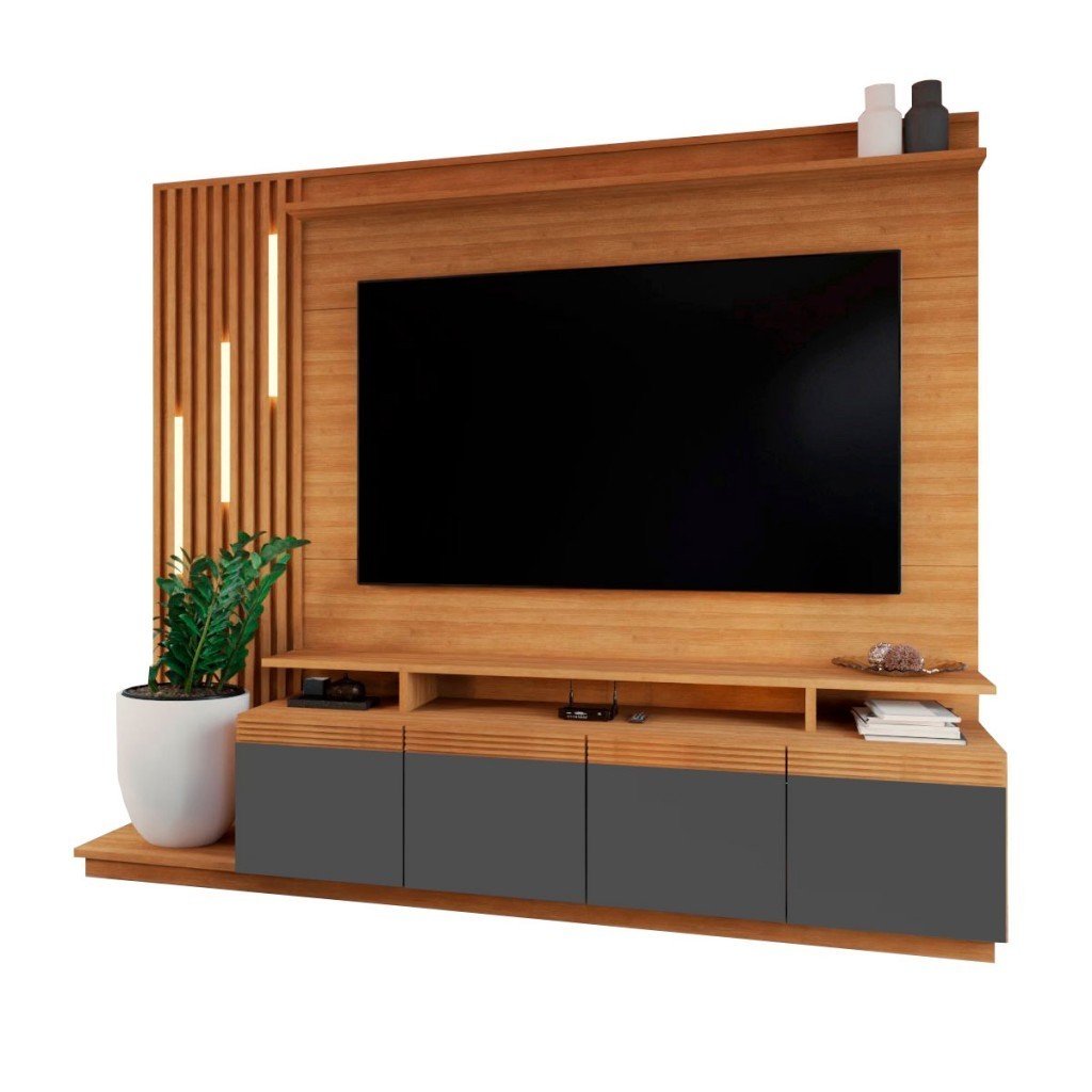 Detalhes do Estante para TV Até 65 Polegadas Escandinávia 4 Portas com Led Cinamomo/Grafite - Panorama Móveis