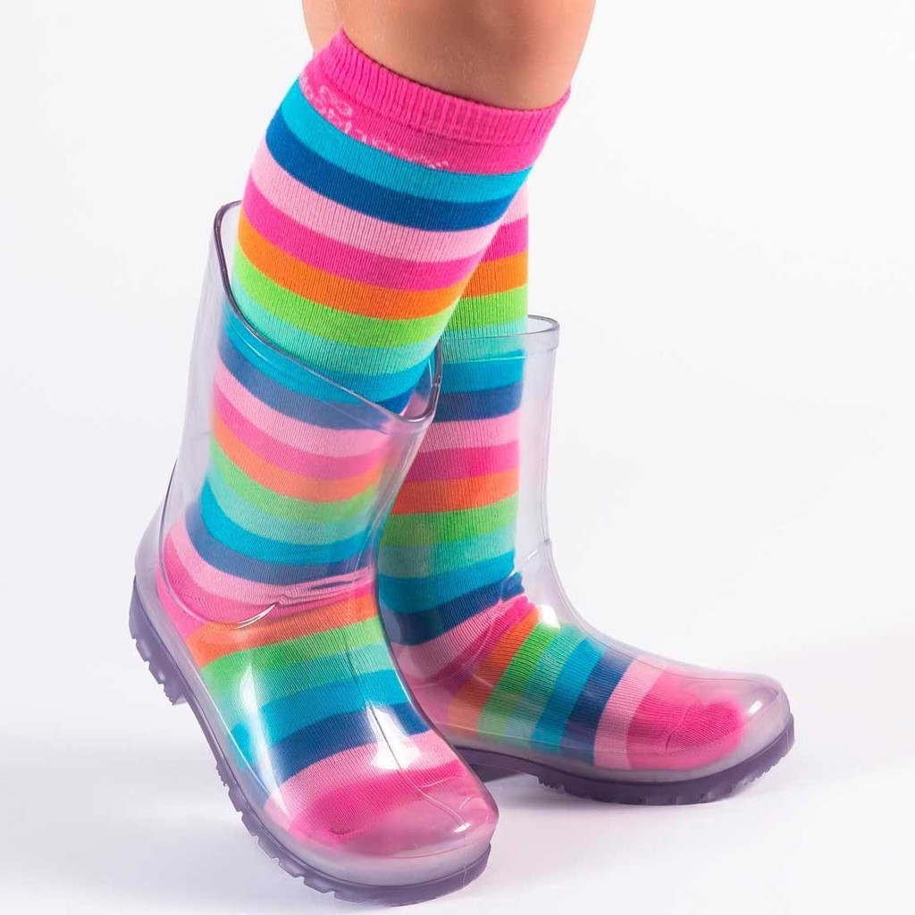Bota Galocha Transparente Infantil  e Meia Divertida Listrada  WorldColors em Oferta na Shopee