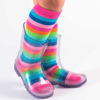 Bota Galocha Transparente Infantil  e Meia Divertida Listrada  WorldColors em Oferta na Shopee