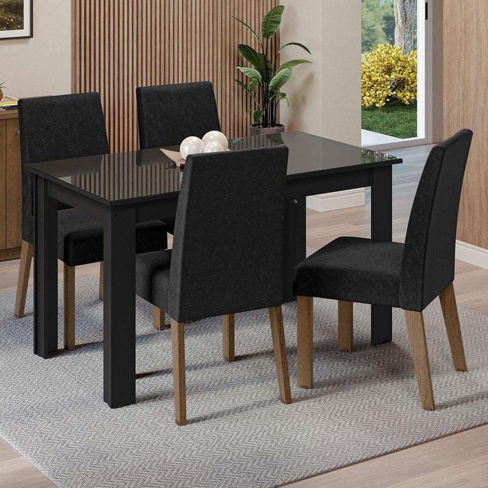 Conjunto Sala de Jantar Mesa Tampo de Vidro 4 Cadeiras Preto/Oxford Antônia Madesa em Oferta na Shopee