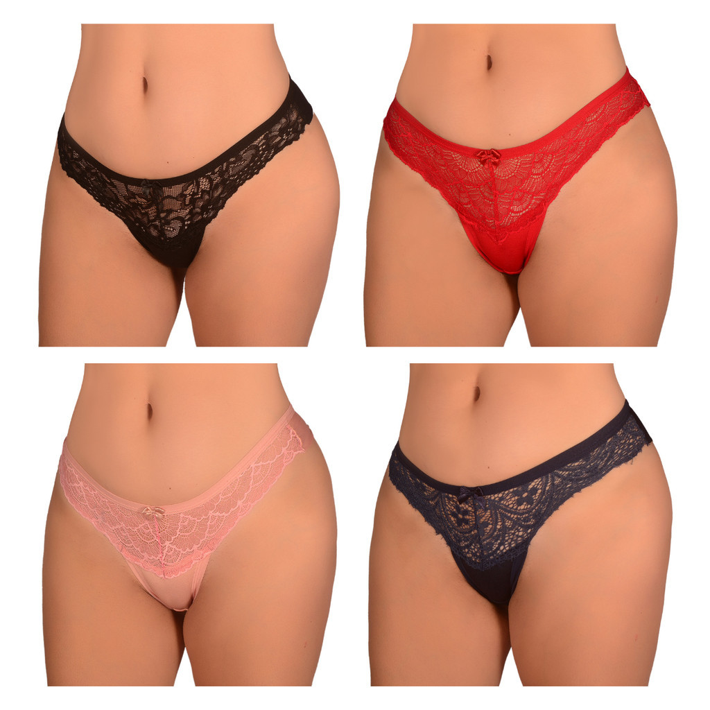 Kit 4 Calcinhas PLUS SIZE Fio Dental Duplo de Microfibra com Renda Sexy Feminina Confortável - Moda Íntima Lingerie Sensual Rendada Tamanhos Grandes Adulto Feminino Tanga Não Marca Rendado Forro 100% Algodão Langerie Calsinha Sex ref.: 230